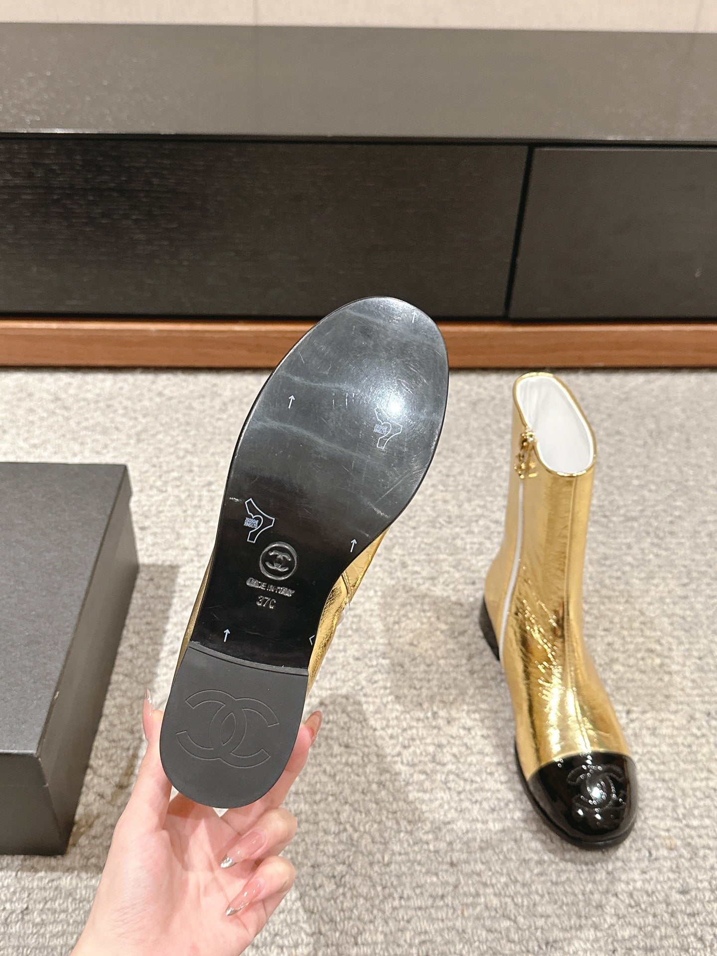 CHANEL SHORT BOOTS IN GOLDEN MIX BLACK LAMBSKIN