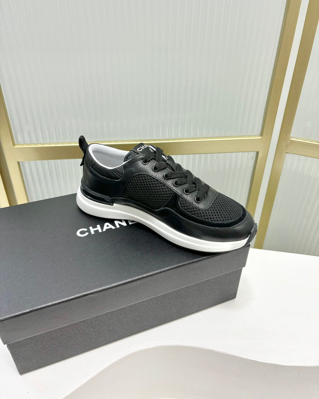 CHANEL SNEAKER IN BLACK SUEDE WITH WHITE LOGO