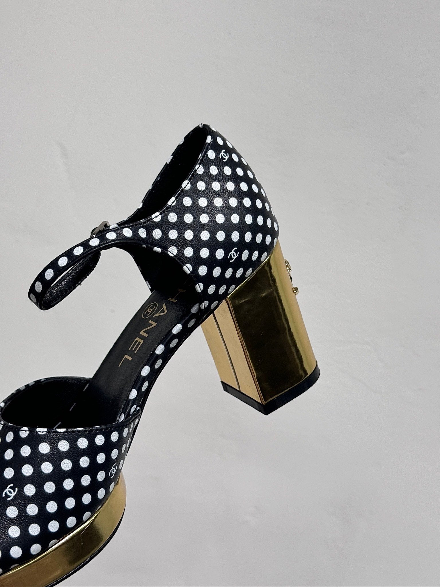 CHANEL BLOCK HEEL SANDALS BLACK POLKA DOT SHEEPSKIN
