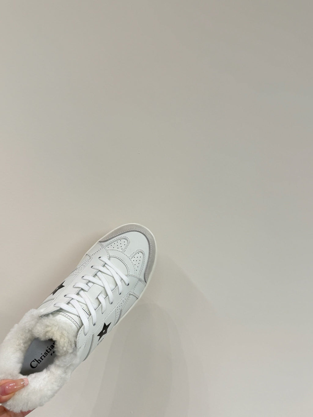 DIOR BLACK STAR SNEAKER WHITE CALFSKIN AND SUEDE CALFSKIN WITH SHEARLING LINING