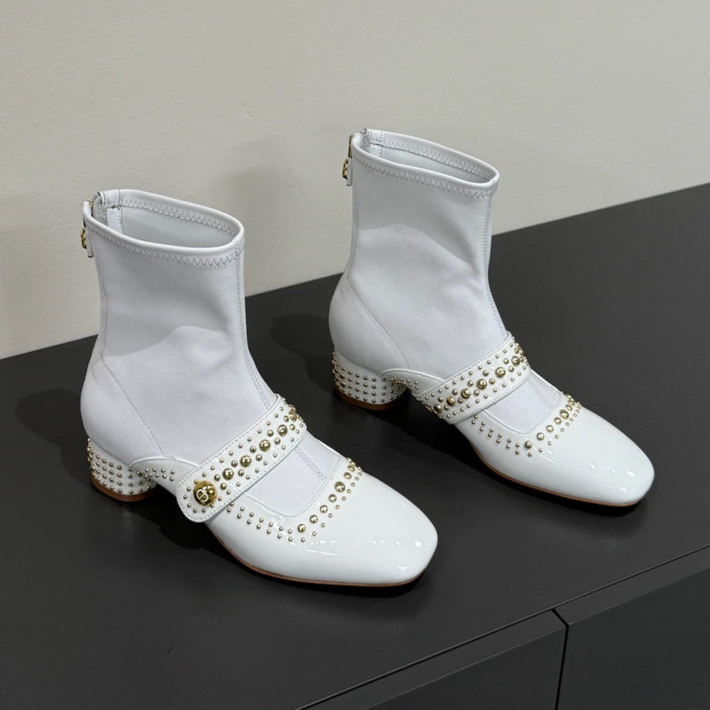 DIOR BELLE-D HEELED ANKLE BOOT WHITE PATENT CALFSKIN