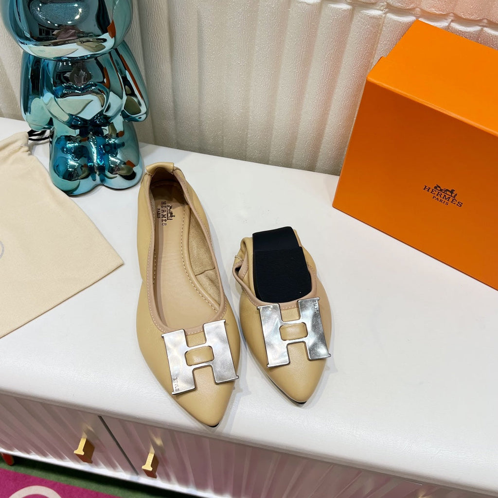 HERMES H-BUCKLE BALLLET FLAT BEIGE CALFSKIN