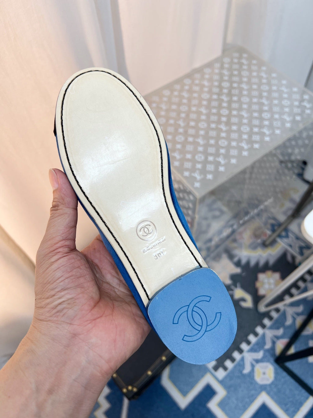 CHANEL MARY JANE FLAT IN COBALT BLUE AND BLACK VELVET