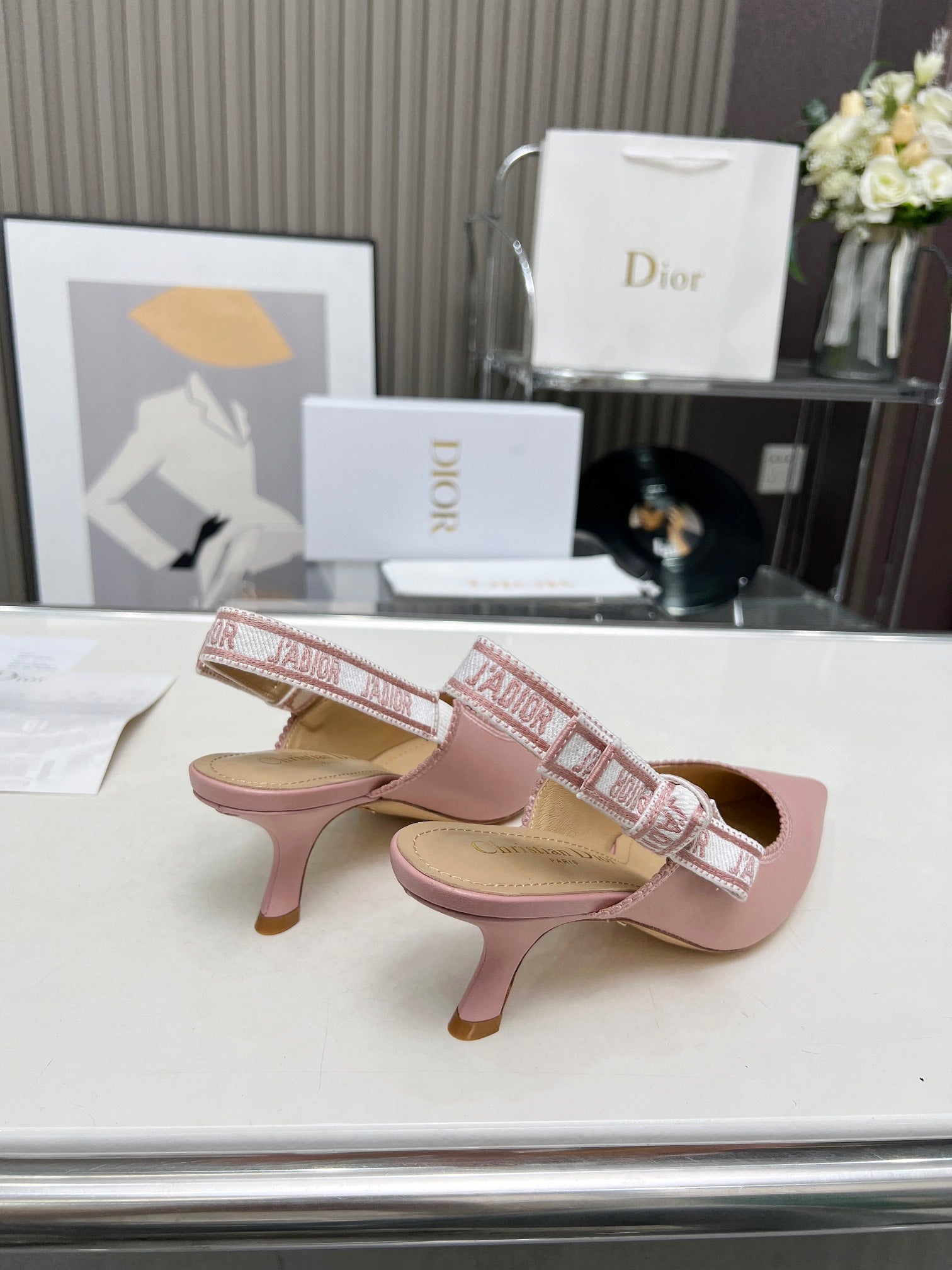 DIOR J'A SLINGBACK PUMP LIGHT PINK CALFSKIN AND EMBROIDERED FABRIC 65 MM