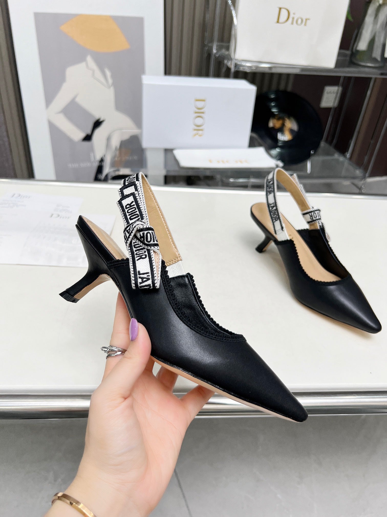DIOR J'A SLINGBACK PUMP BLACK CALFSKIN AND EMBROIDERED FABRIC 65 MM