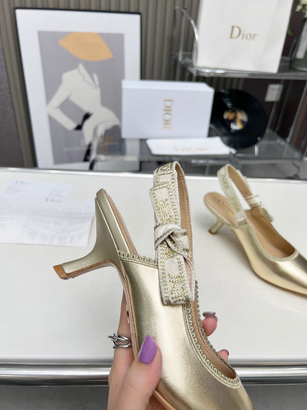 DIOR J'A SLINGBACK PUMP LIGHT GOLD CALFSKIN AND EMBROIDERED FABRIC 65 MM