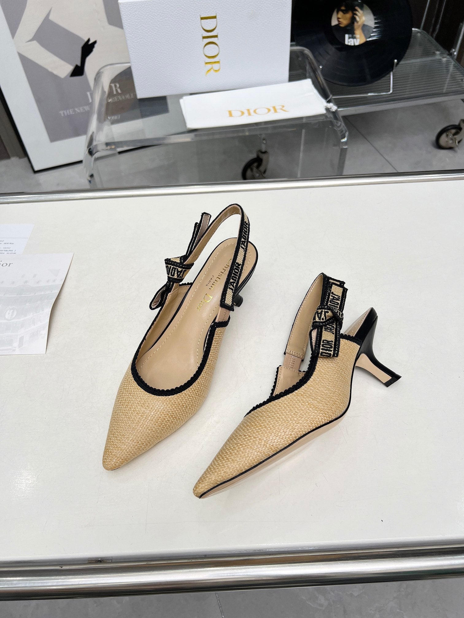 DIOR J'A SLINGBACK PUMP NATURAL RAFFIA AND BLACK EMBROIDERED COTTON 65 MM