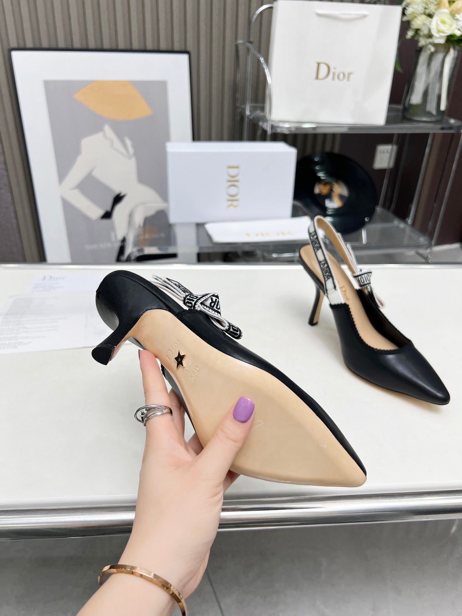 DIOR J'A SLINGBACK PUMP BLACK CALFSKIN AND BLACK EMBROIDERED FABRIC 10 CM