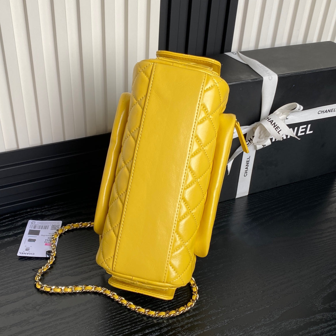 CHANEL CAMERA BAG 24 IN MIMOSA YELLOW SHINY CALFSKIN GOLD CHAIN