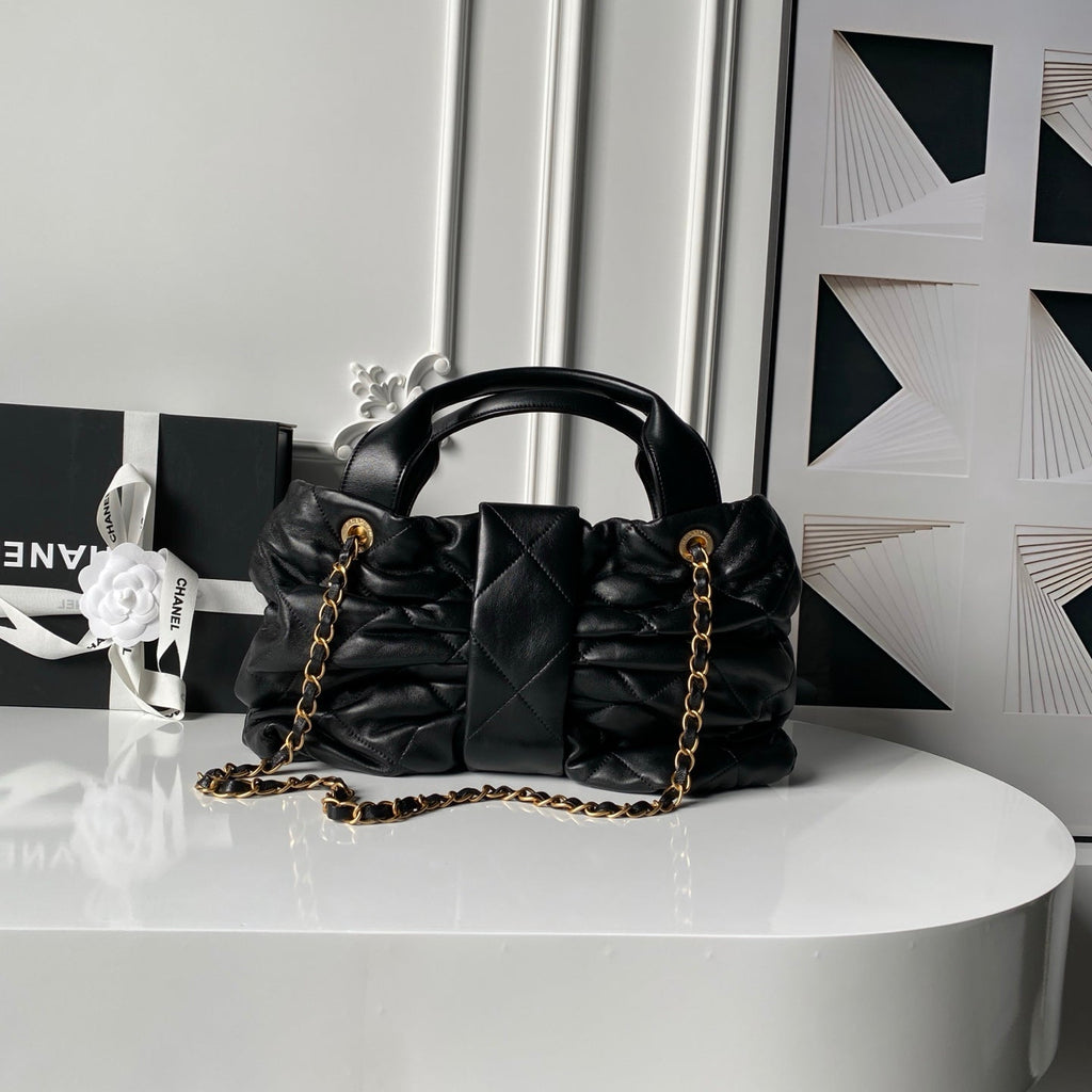 CHANEL 25S BOW BAG 38 IN BLACK LAMBSKIN WITH GOLD HARDWARE