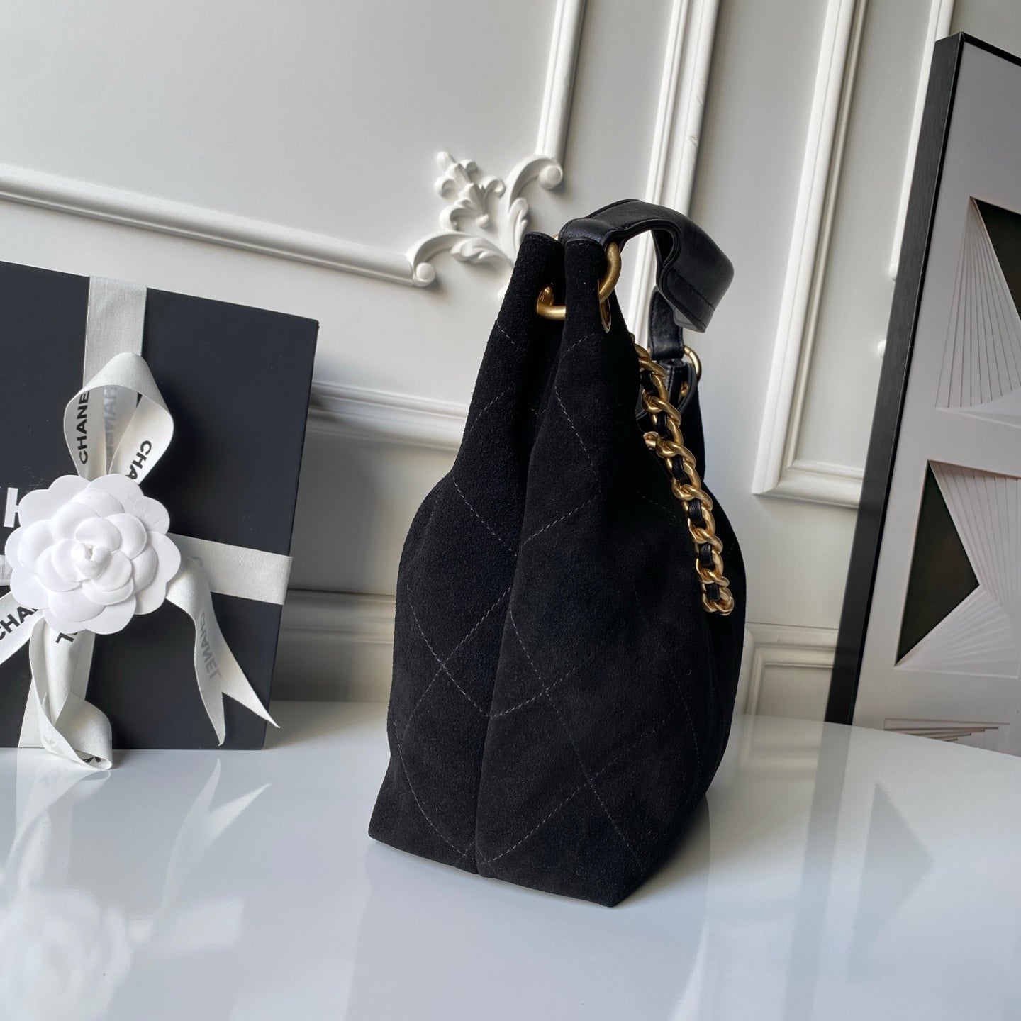 CHANEL 25S HOBO BAG 31 IN BLACK SUEDE WITH GOLD HARDWARE