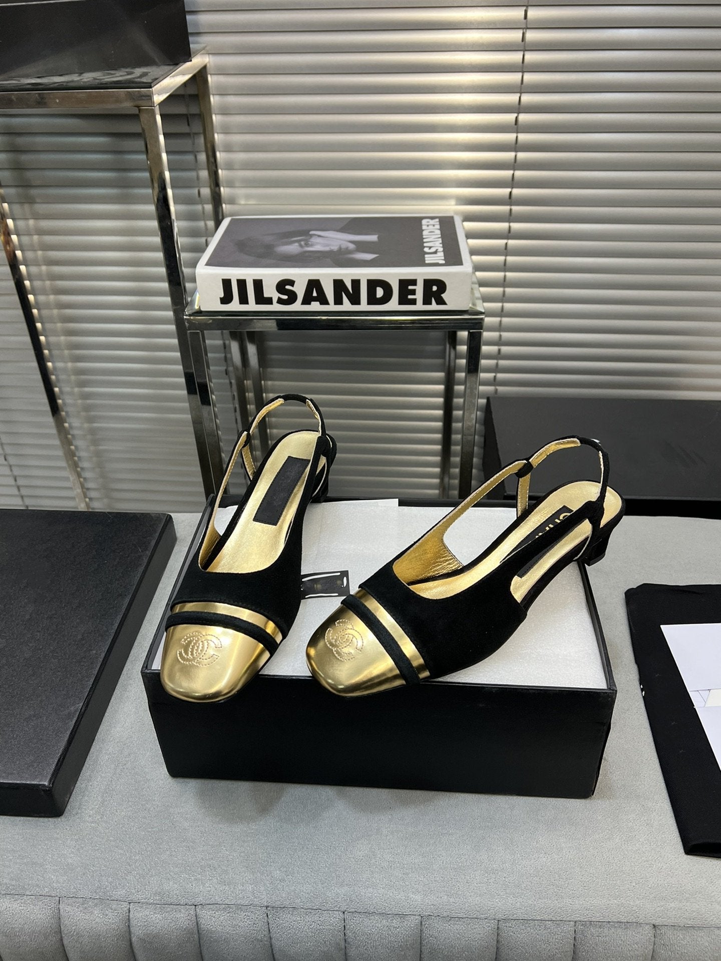 CHANEL slingback black suede gold metalic lambskin square toe 5.0