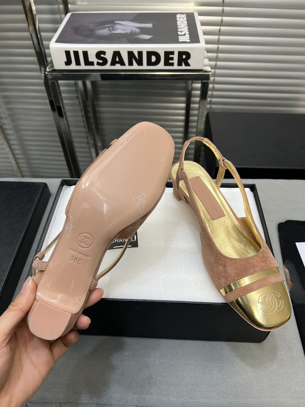 CHANEL slingback rose suede gold metalic lambskin square toe 5.0
