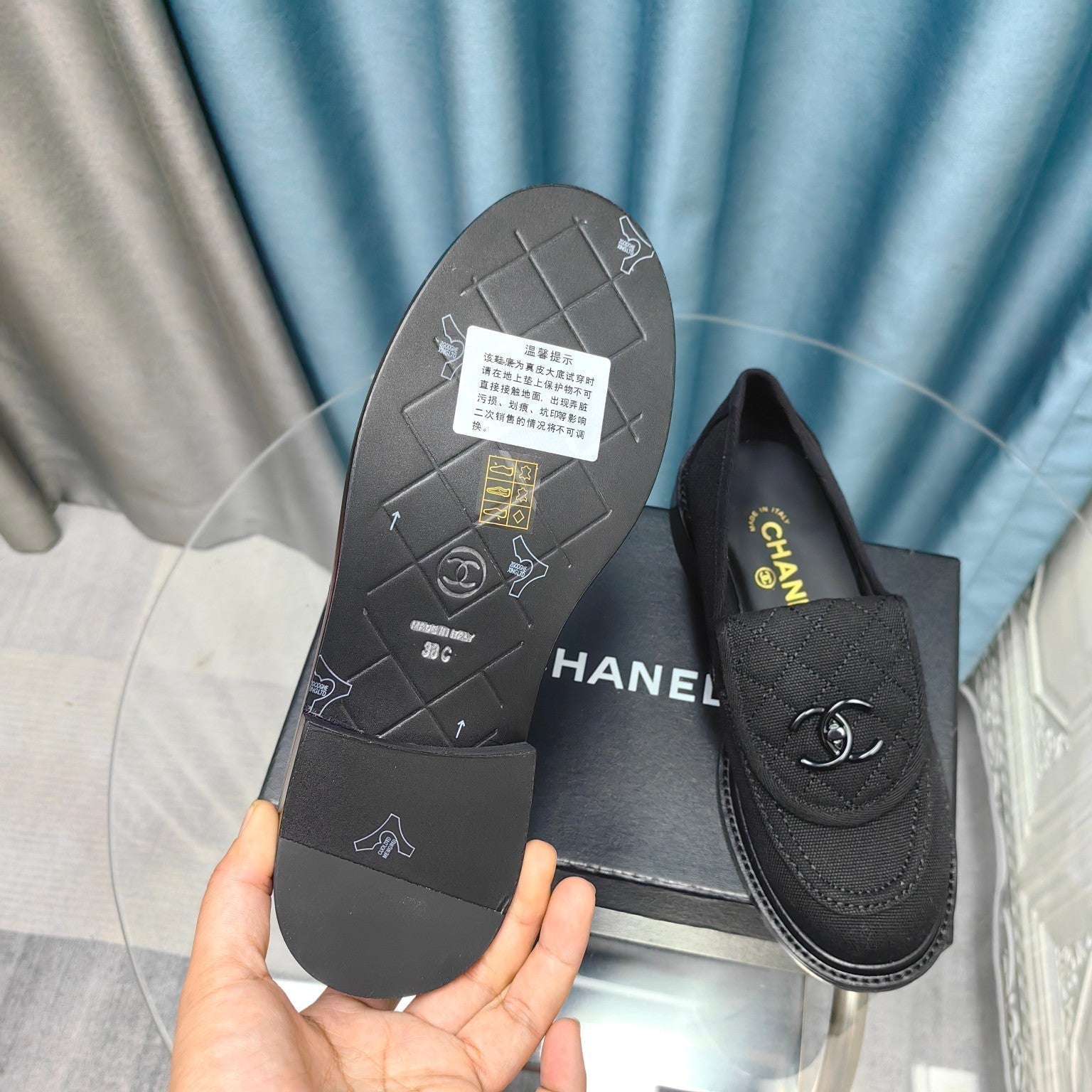CHANEL MOASINS BLACK QUILTED LAMBSKIN