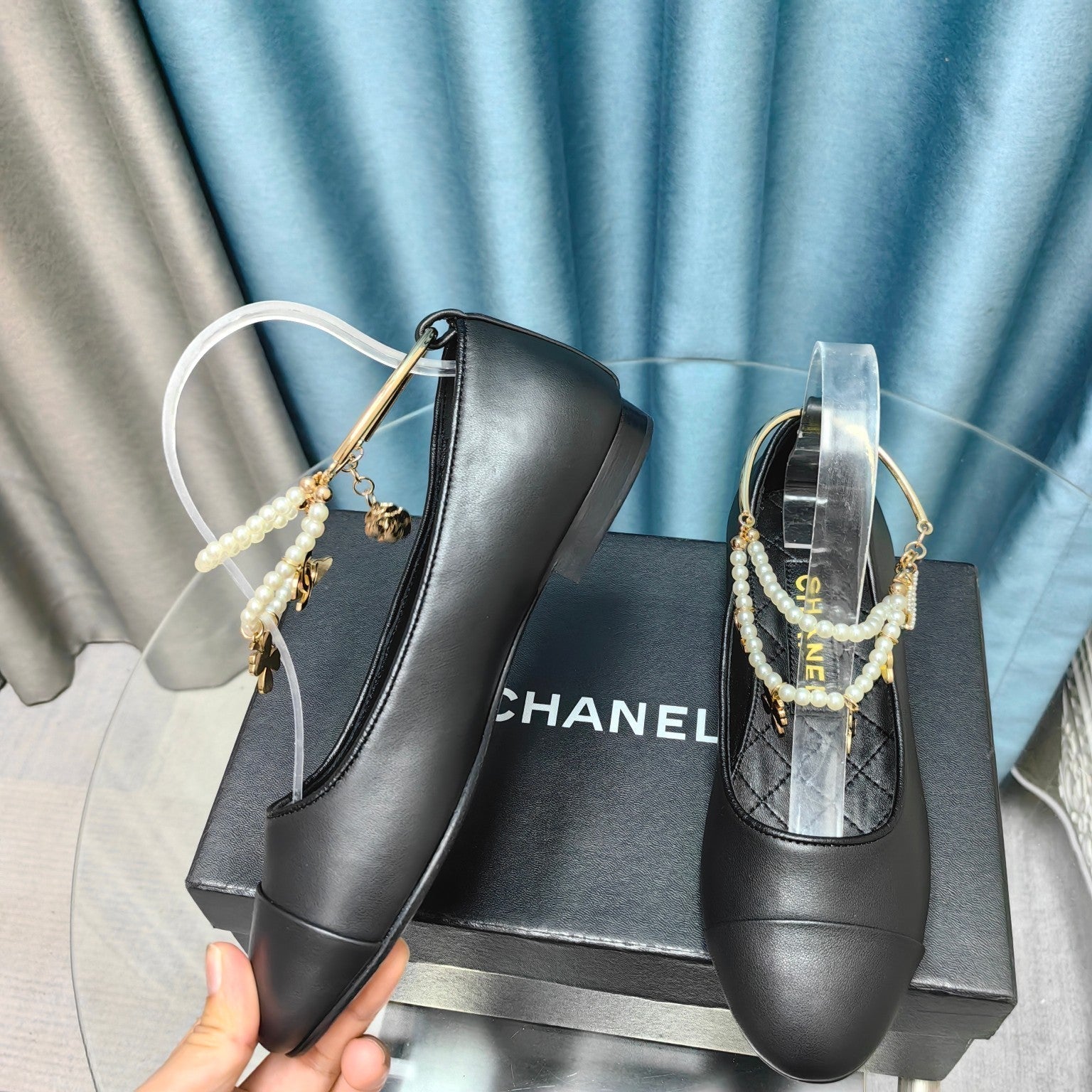 CHANEL MARY JANE WITH PEARL STRAP IN BLACK LAMBSKIN