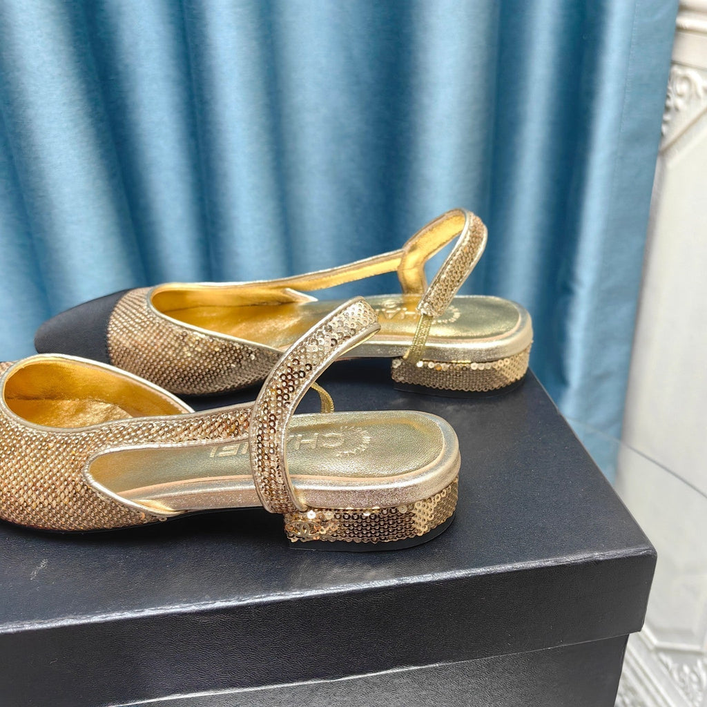 CHANEL SLINGBACKS IN GLITTER GOLDEN LAMBSKIN