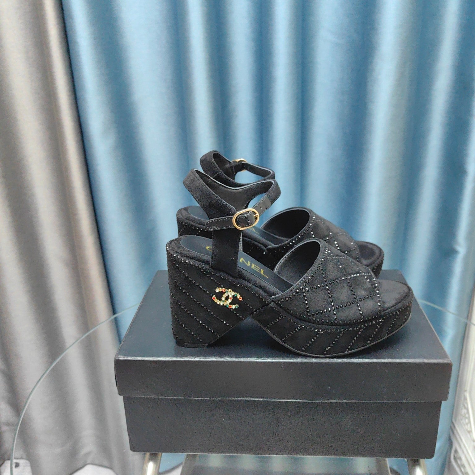 CHANEL THICK-SOLED WEDGE SANDALS IN BLACK SUEDE