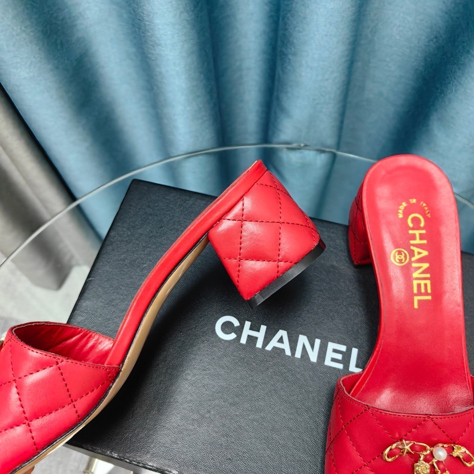 CHANEL MULE SLIDE SANDAL IN CHERRY RED LAMBSKIN