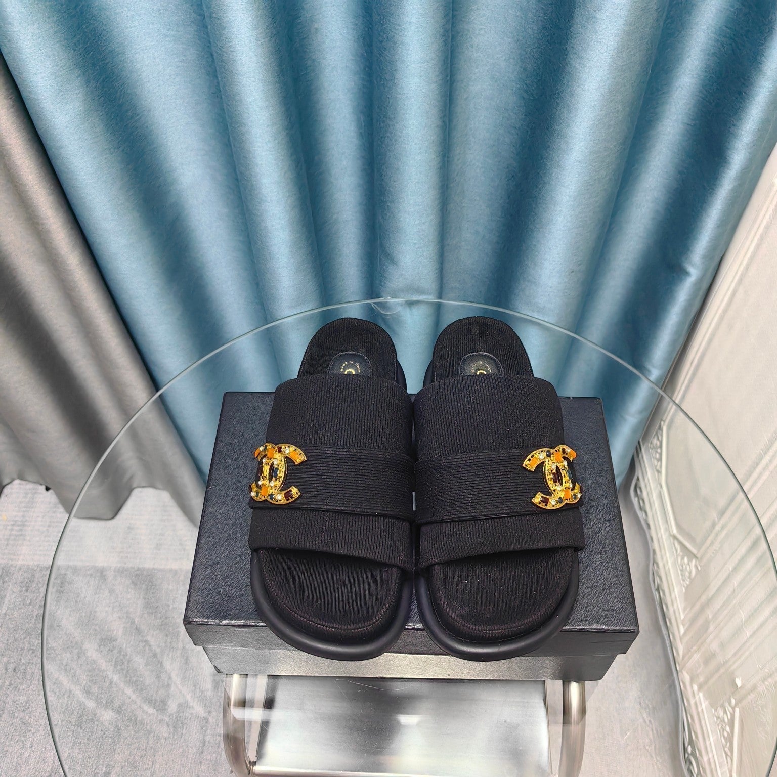 CHANEL PLATFORM HEELS SANDALS IN BLACK WOOLEN FABRIC