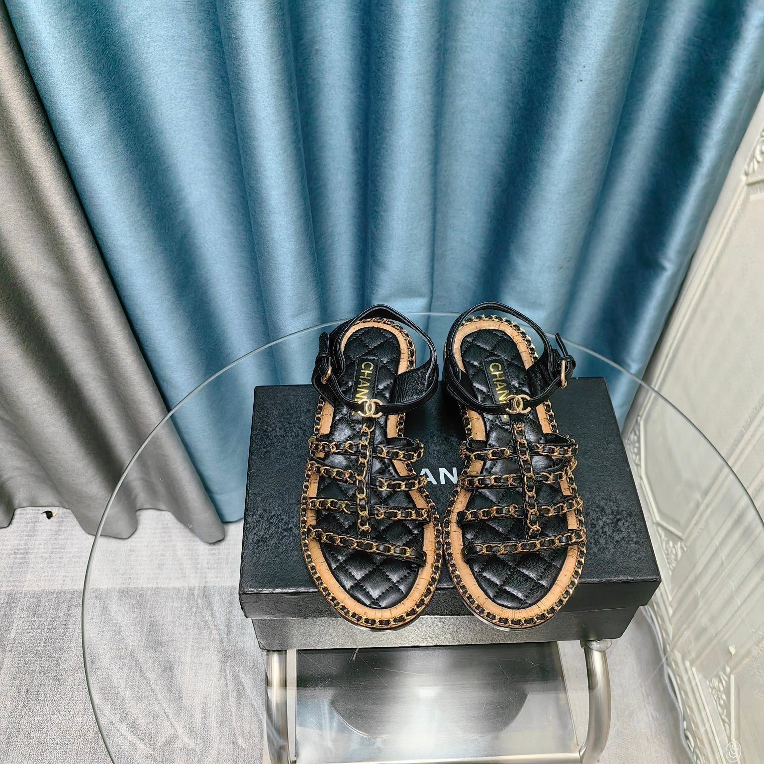 CHANEL HIGH SANDALS WITH THREE STRAPS IN BLACK CALFSKIN