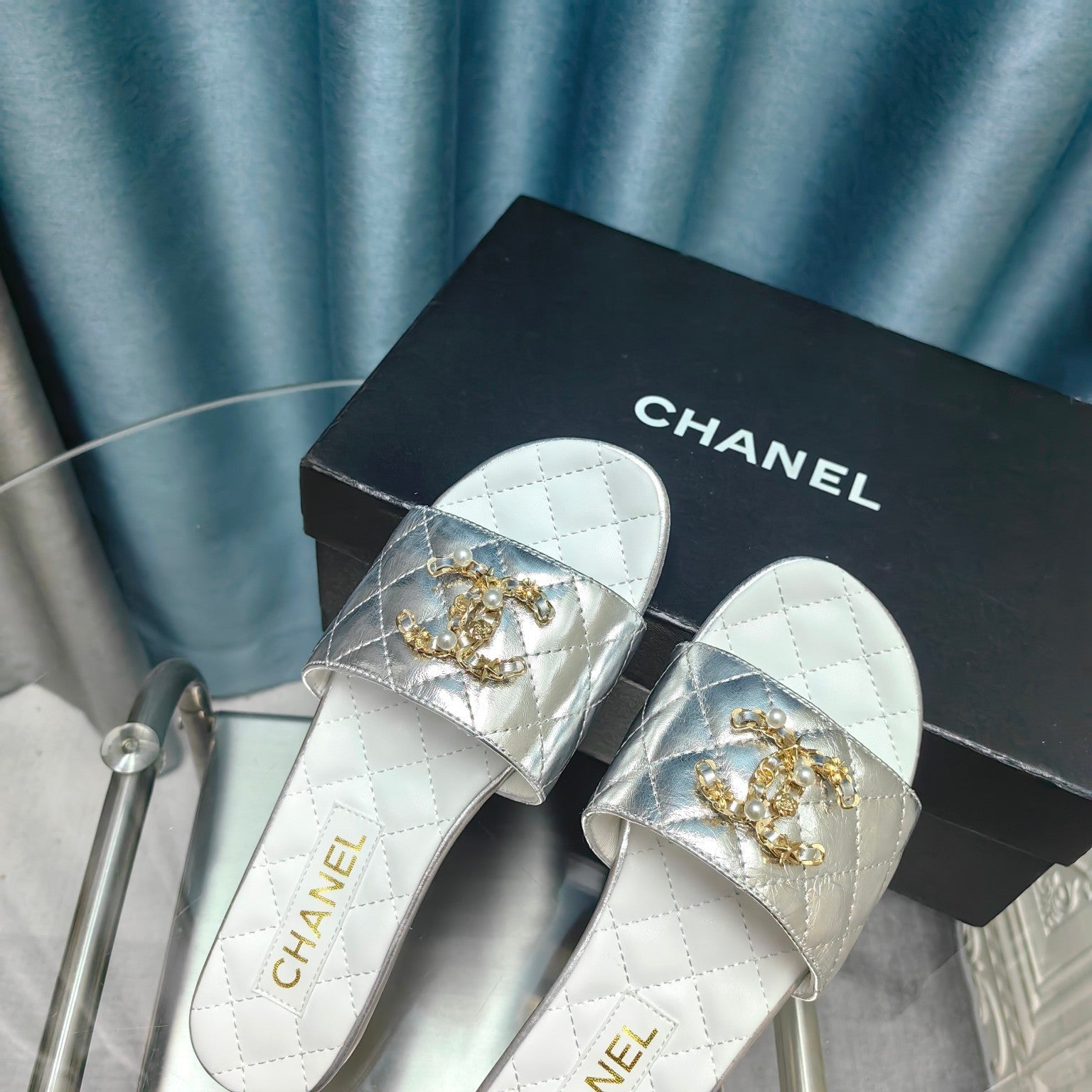 CHANEL QUILTED SLIPPERS SILVER SHEEPSKIN