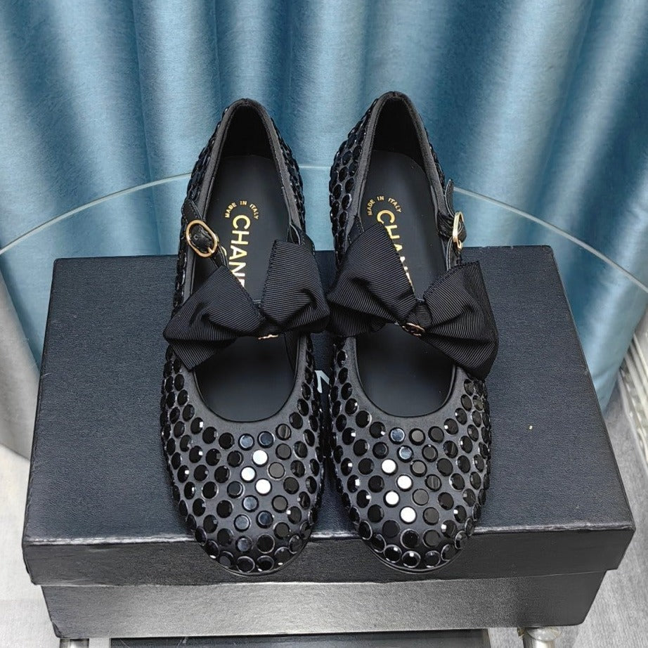 CHANEL HIGH MARY JANE BOW RHINESTONE BLACK SILK