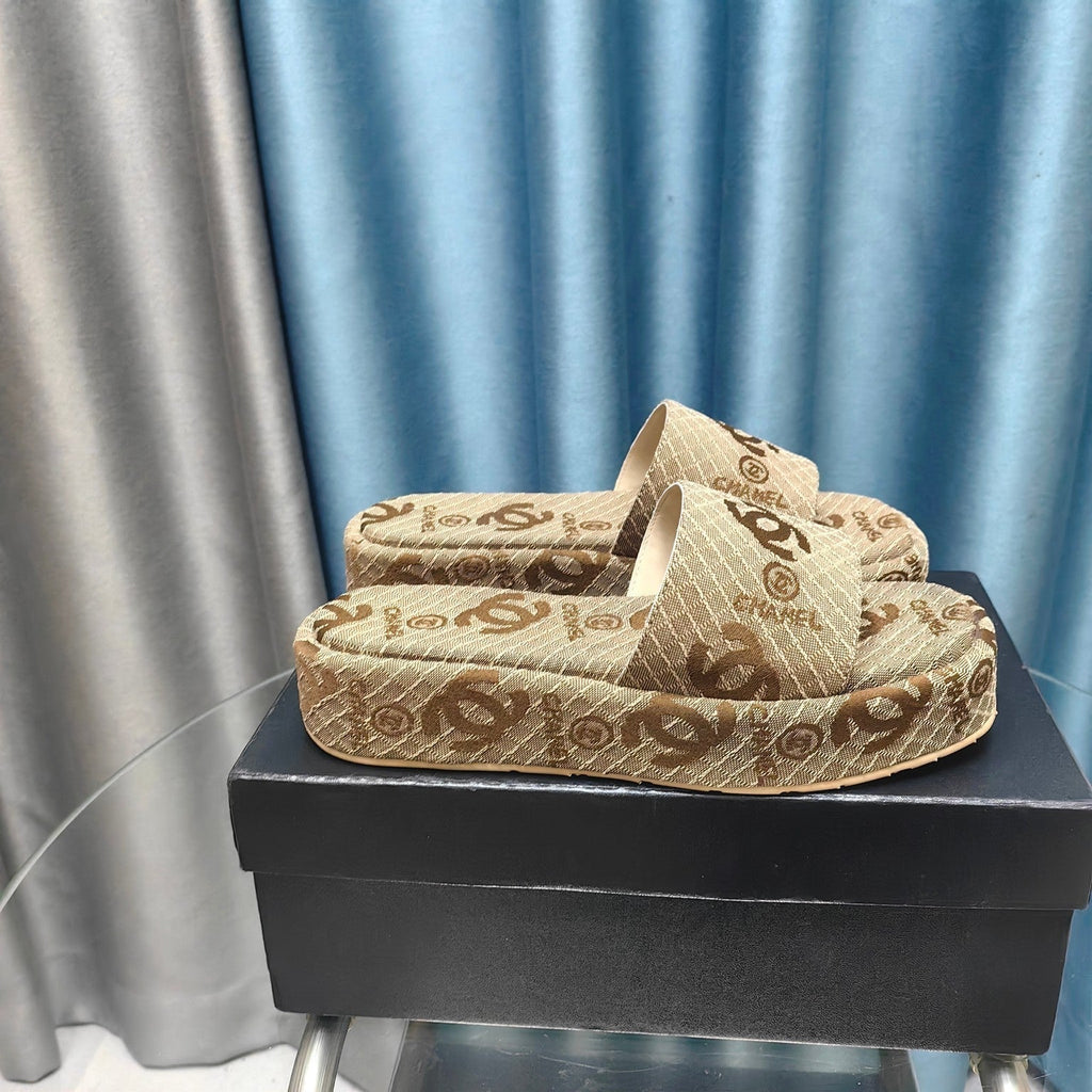 CHANEL THICK-SOLE SLIPPERS PEANUT BROWN SATIN