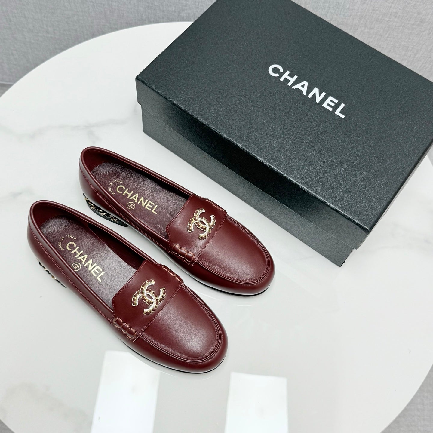 CHANEL LOAFER 25S IN DARK RED LAMBSKIN WITH GOLD HARDWARE