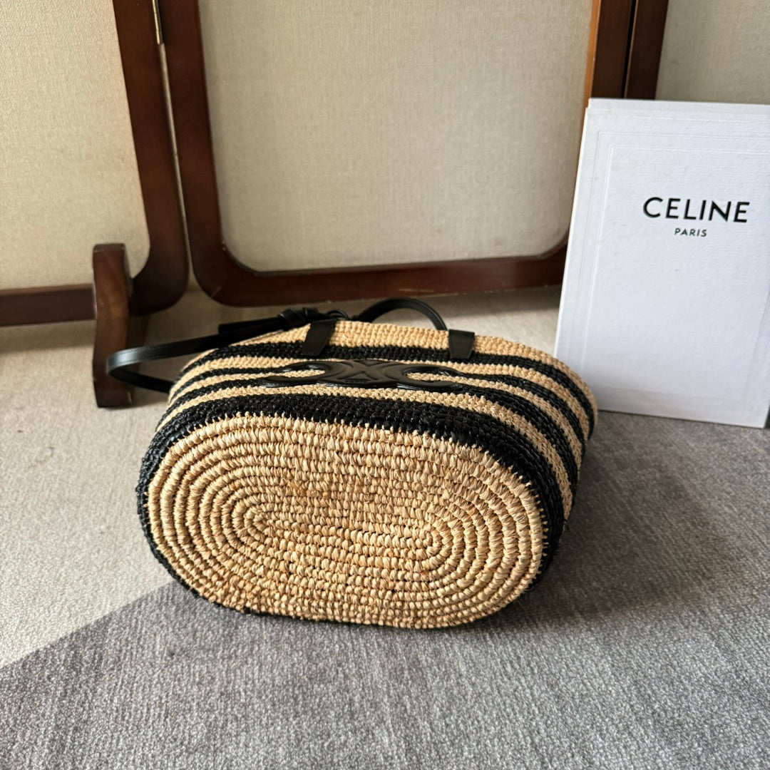 CELINE STRIPED COUFFIN CLASSIC PANIER 22 IN BEIGE AND BLACK RAFFIA AND CALFSKIN TRIM