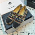 CHANEL ESPADRILLES LOAFERS IN MULTICOLOR TWEED AND BLACK SATIN
