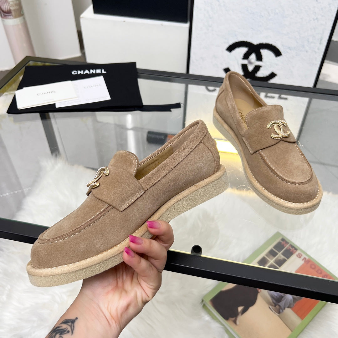 CHANEL PEARL LOGO LOAFERS IN CINNAMON BROWN SUEDE