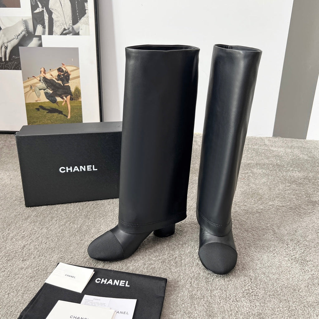 CHANEL 25S HIGH BOOTS 55MM IN BLACK CALFSKIN AND CANVAS GOLD HARDWARE