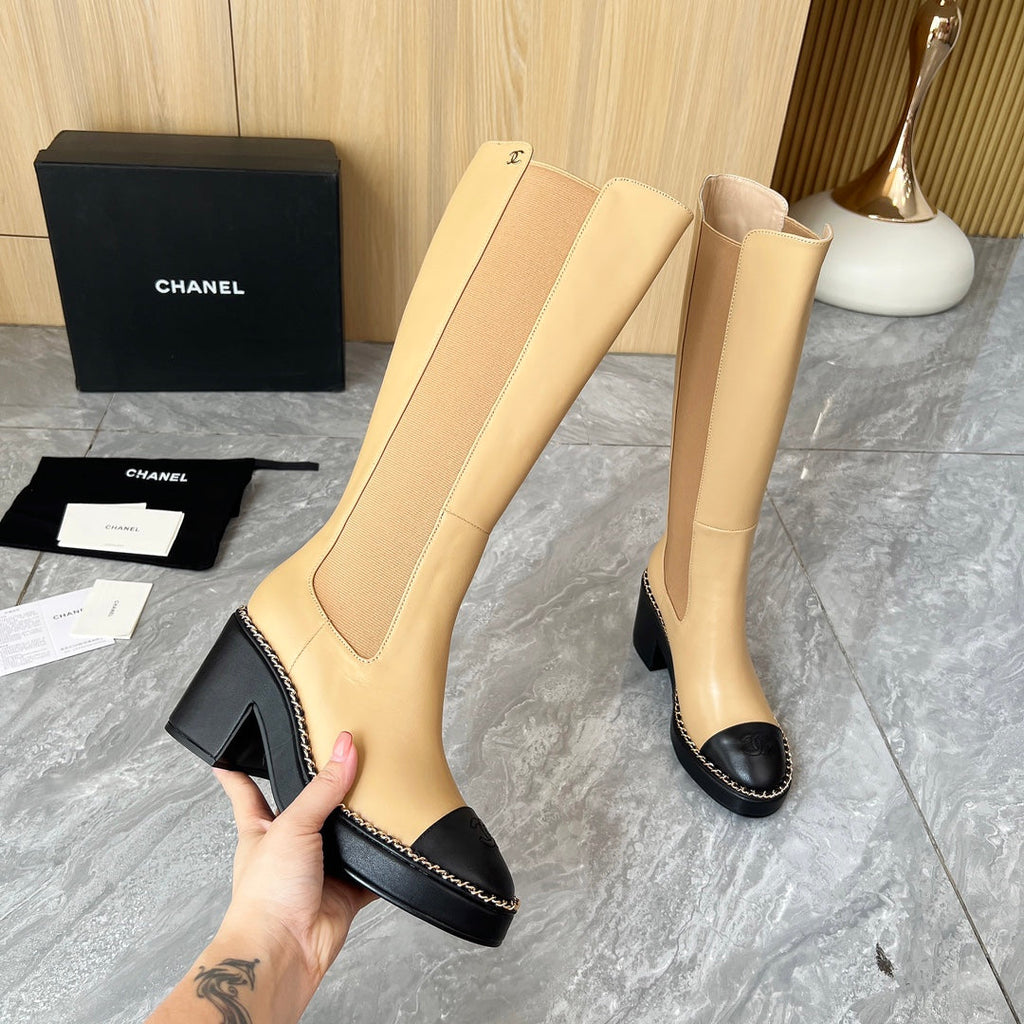 CHANEL 25S HIGH BOOTS STRETCHY SHAFT 85MM IN LIGHT BROWN CALFSKIN GOLD HARDWARE