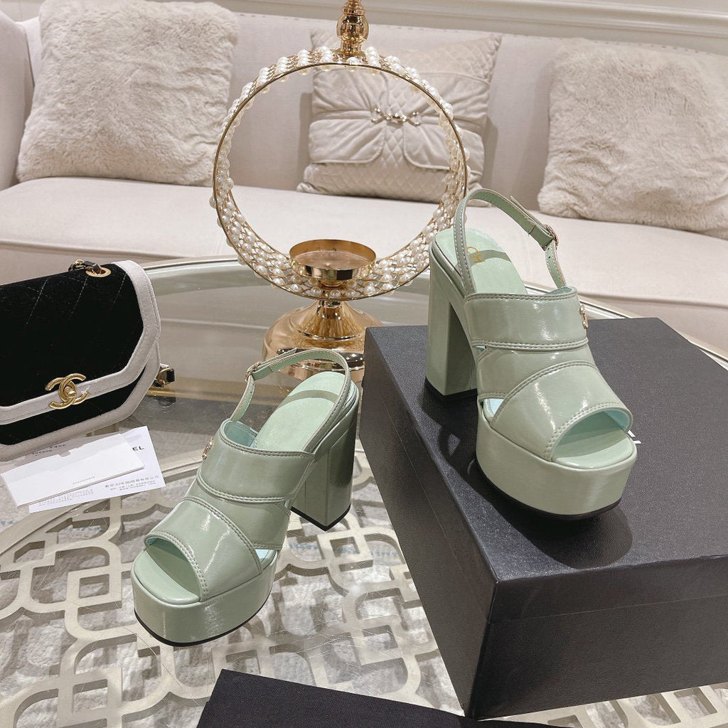 CHANEL sandals light turquoise patent crumpled lambskin