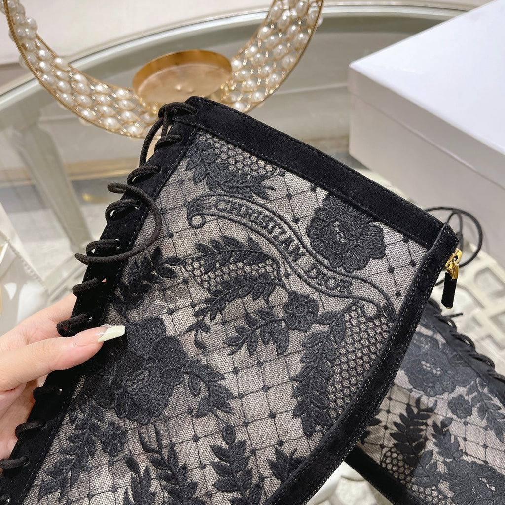 DIOR NAUGHTILY-D BOOT BLACK TRANSPARENT MESH AND SUEDE EMBROIDERED WITH ROSES MOTIF 35 MM