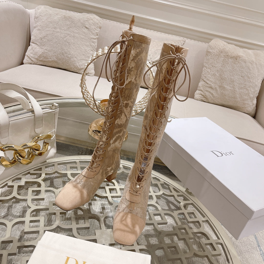 DIOR NAUGHTILY-D BOOT NUDE BEIGE TRANSPARENT MESH AND SUEDE EMBROIDERED WITH ROSES MOTIF 35 MM