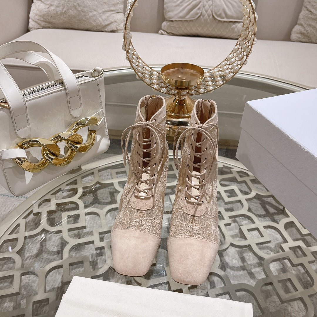 DIOR NAUGHTILY-D ANKLE BOOT NUDE BEIGE TRANSPARENT MESH AND SUEDE EMBROIDERED WITH ROSES MOTIF 35 MM