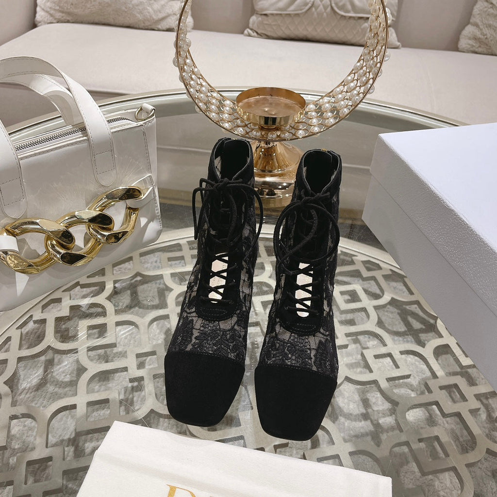 DIOR NAUGHTILY-D ANKLE BOOT BLACK TRANSPARENT MESH AND SUEDE EMBROIDERED WITH ROSES MOTIF 35 MM