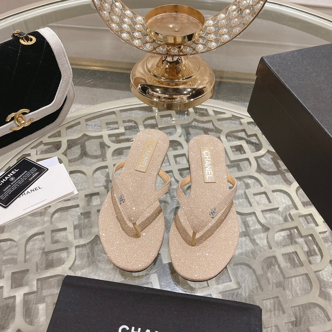 CHANEL Double  Rhinestone Flip  Flop Thongs Beige Cream Sheepskin