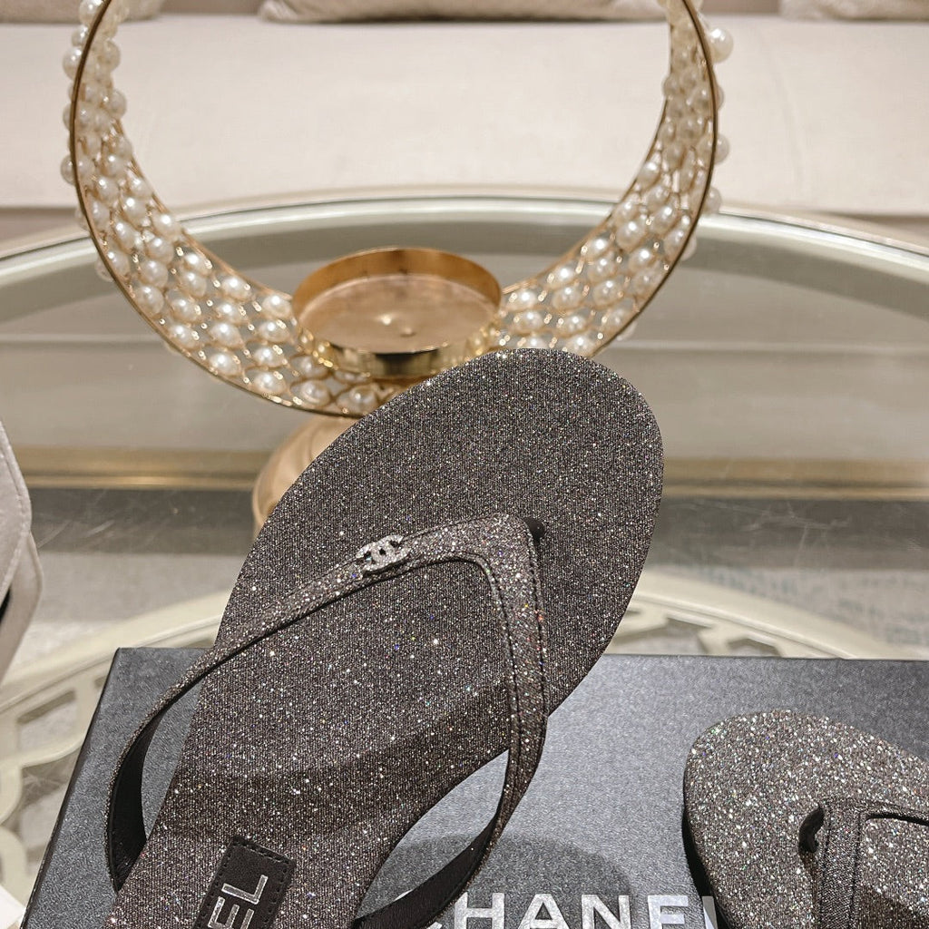 CHANEL Double  Rhinestone Flip  Flop Thongs Dark Gray Sheepskin