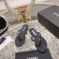 CHANEL Double  Rhinestone Flip  Flop Thongs Black Sheepskin