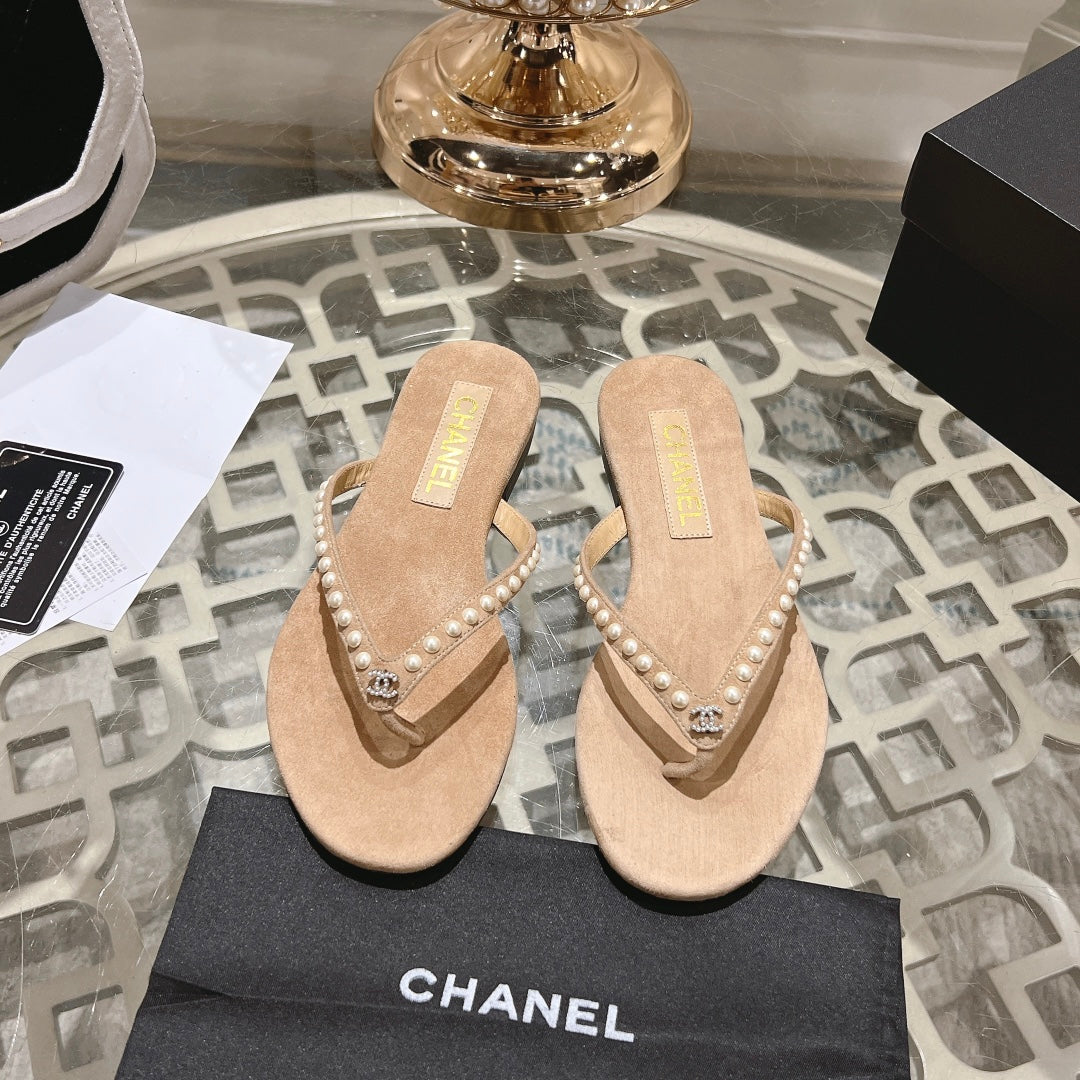 CHANEL PEARL THONG SANDAL IN SEPIA TAN SUEDE