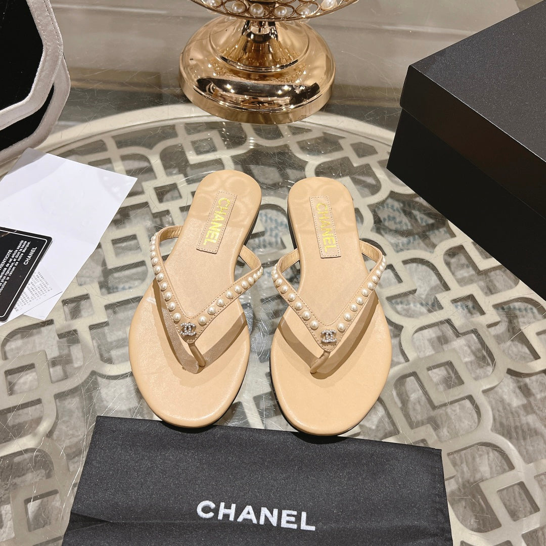 CHANEL PEARL THONG SANDAL IN SEPIA TAN LAMBSKIN