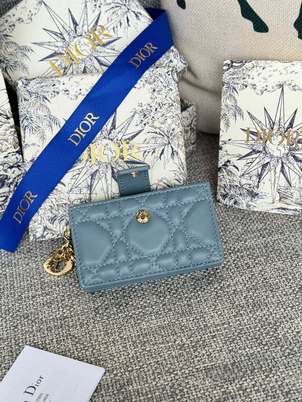 DIOR LADY JASMINE CARD HOLDER 10 IN SLATE GREY QUILTED PATENT CALFSKIN