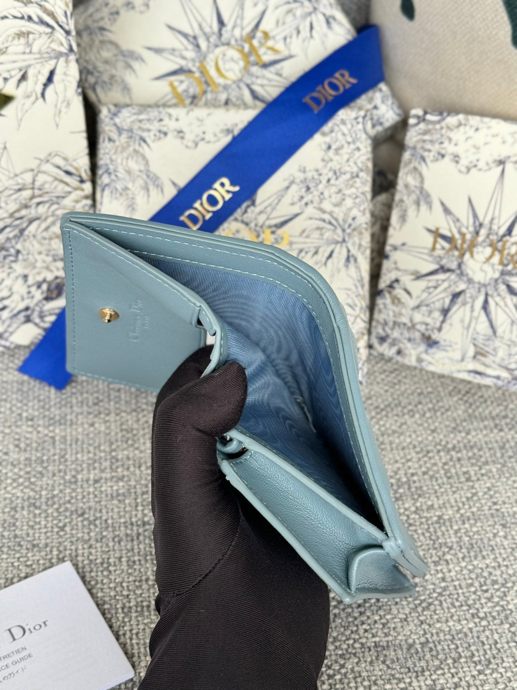 DIOR MINI LADY GARDENIA WALLET 11 IN SLATE GREY QUILTED CALFSKIN