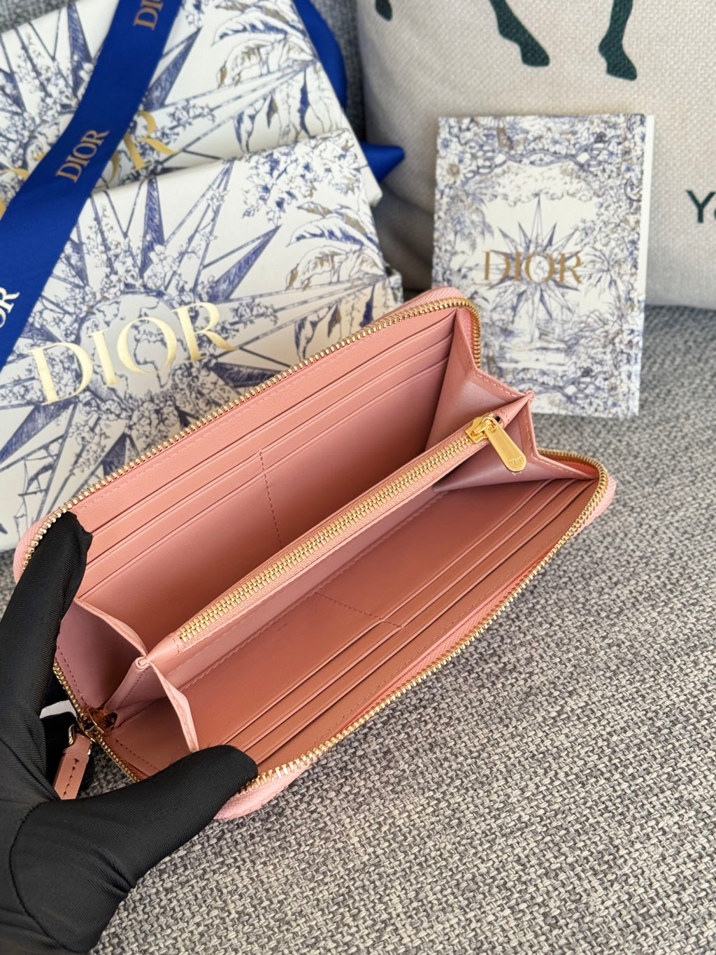 DIOR VERTICAL LONG ZIP WALLET 20 IN BABY PINK QUILTED ALLOVER CALFSKIN