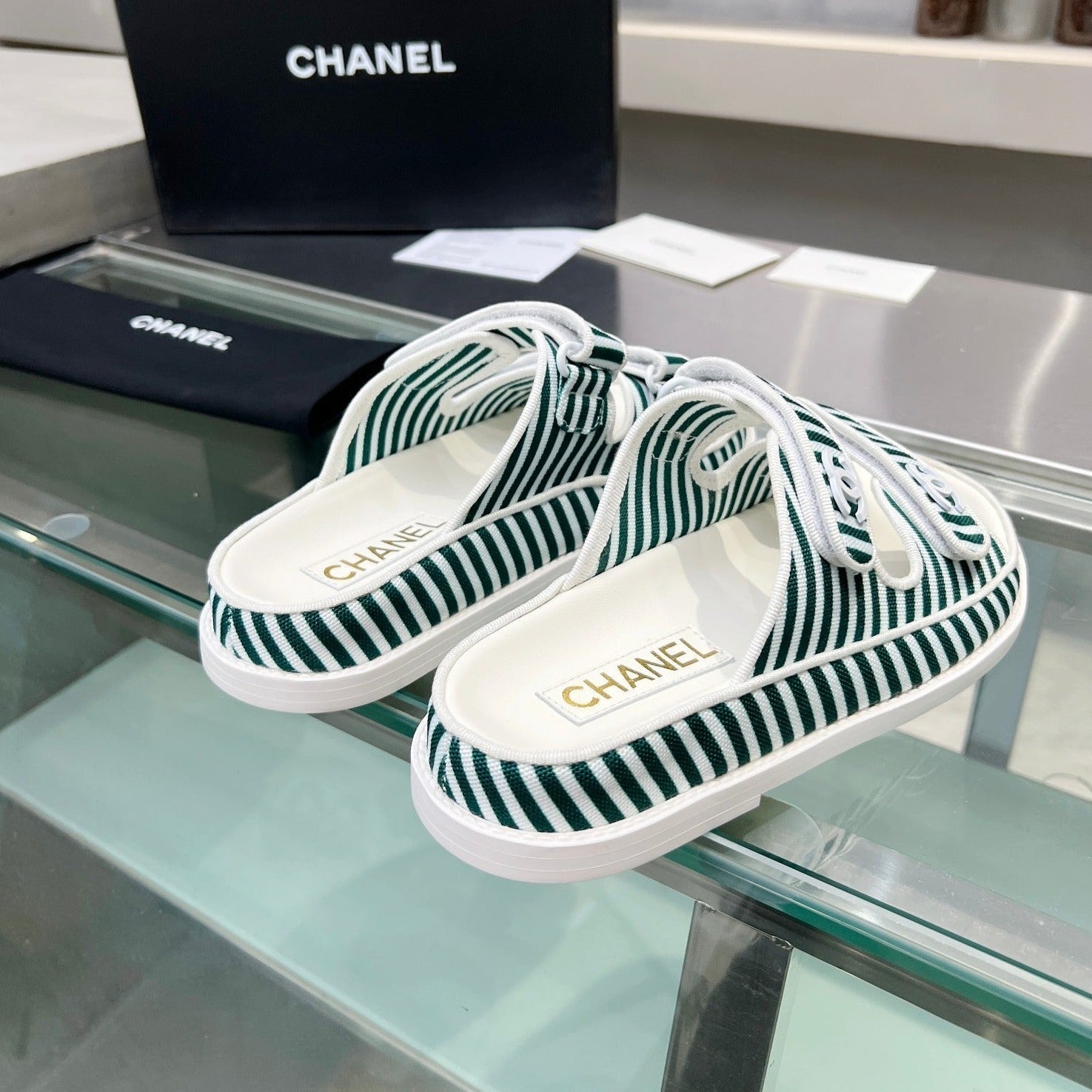 CHANEL Stripes Casual  Flat Sandals Jade Green White