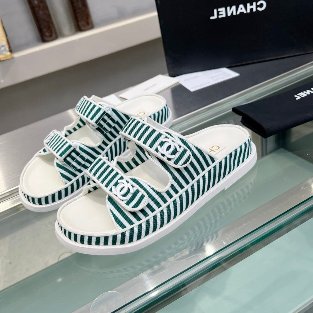 CHANEL Stripes Casual  Flat Sandals Jade Green White