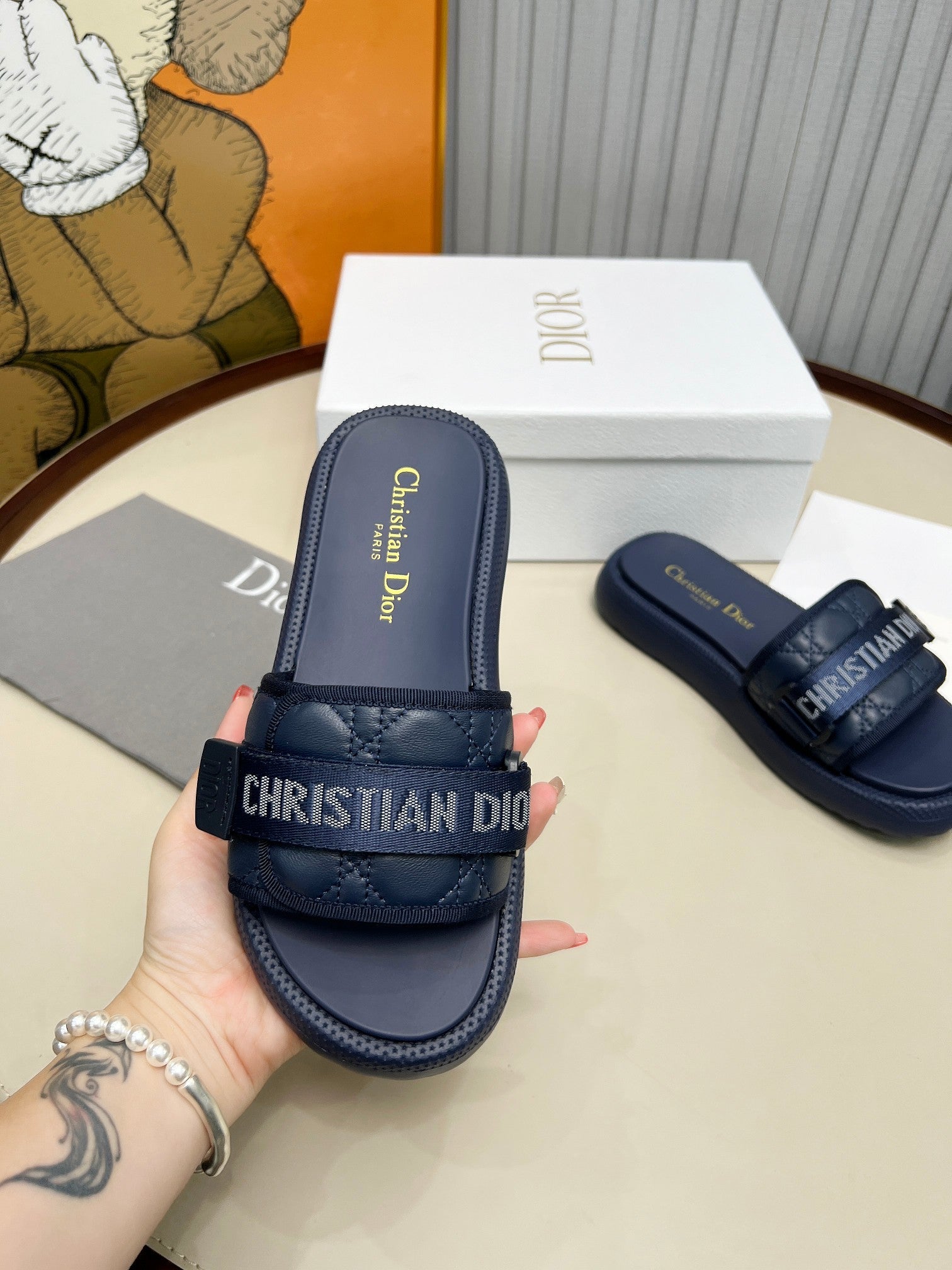 DIOR PLATFORM SLIDES 25S 50MM IN NAVY BLUE CALFSKIN AND ELECTRIC FABRIC