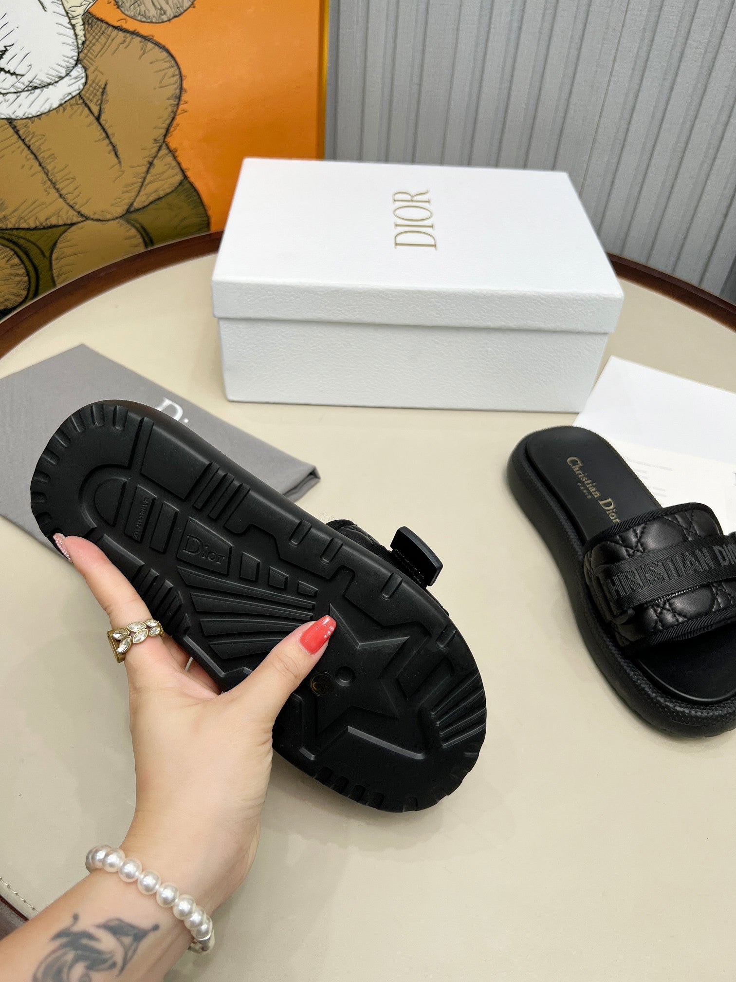 DIOR PLATFORM SLIDES 25S 50MM IN BLACK CALFSKIN AND ELECTRIC FABRIC